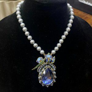 Heidi Daus Blue Faux Pearl Necklace with Blue Teardrop Crystal Pendant